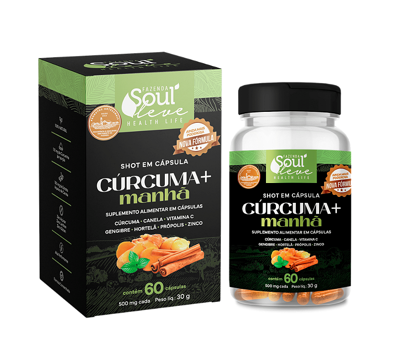 Shot em Cápsulas Cúrcuma+ Manhã com Cúrcuma, Canela e Hortelã 60 cápsulas Fazenda Soul Leve - embalagem principal