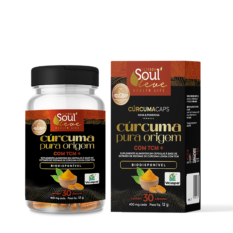 Cúrcuma Pura de Origem em Cápsulas com TCM + Pimenta Preta Fazenda Soul Leve - embalagem principal