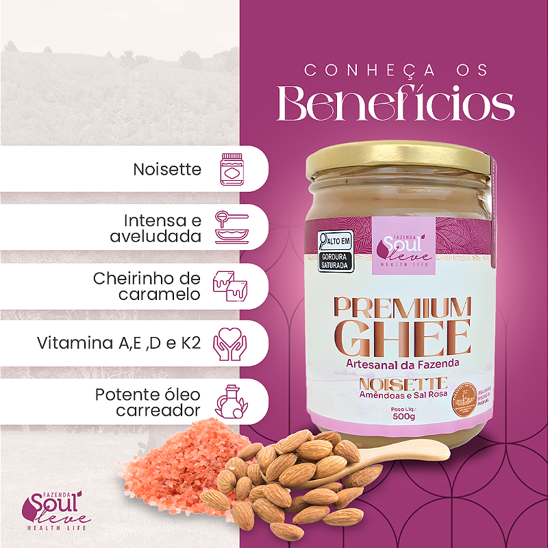 Ghee de Nata Noisette com amêndoas e sal rosa 500g - Fazenda Soul Leve