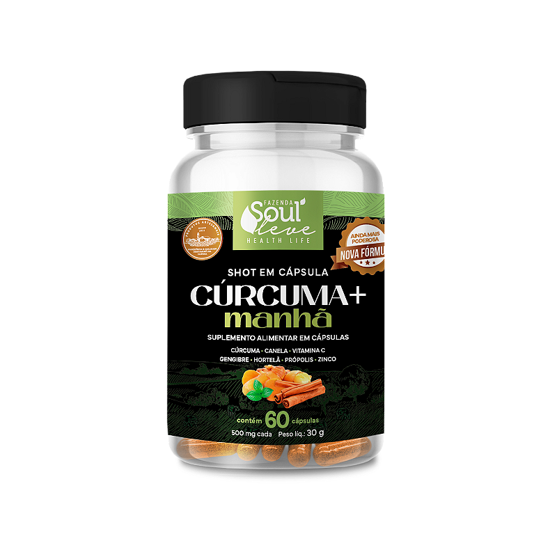 Shot em capsula Cúrcuma+ Manhã com Cúrcuma, Canela e Hortelã (60 Caps)