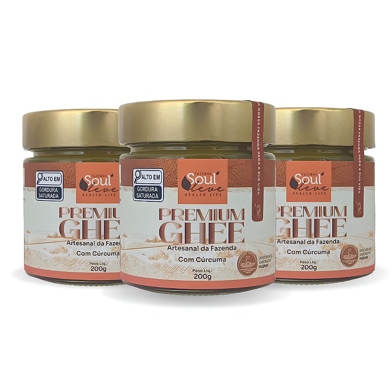 Kit 3 Manteigas Ghee de Nata com Cúrcuma 200 g Fazenda Soul Leve - embalagem principal