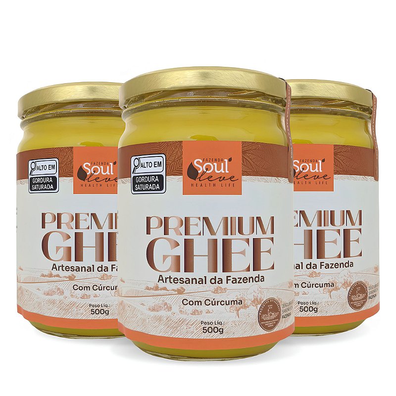 Kit 3 Manteigas Ghee de Nata com Cúrcuma 500 g Fazenda Soul Leve - embalagem principal